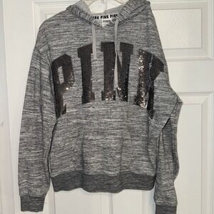 PINK Victorias Secret Womens Hoodie XS Y2K Gray Heather Sequined Logo Pullover